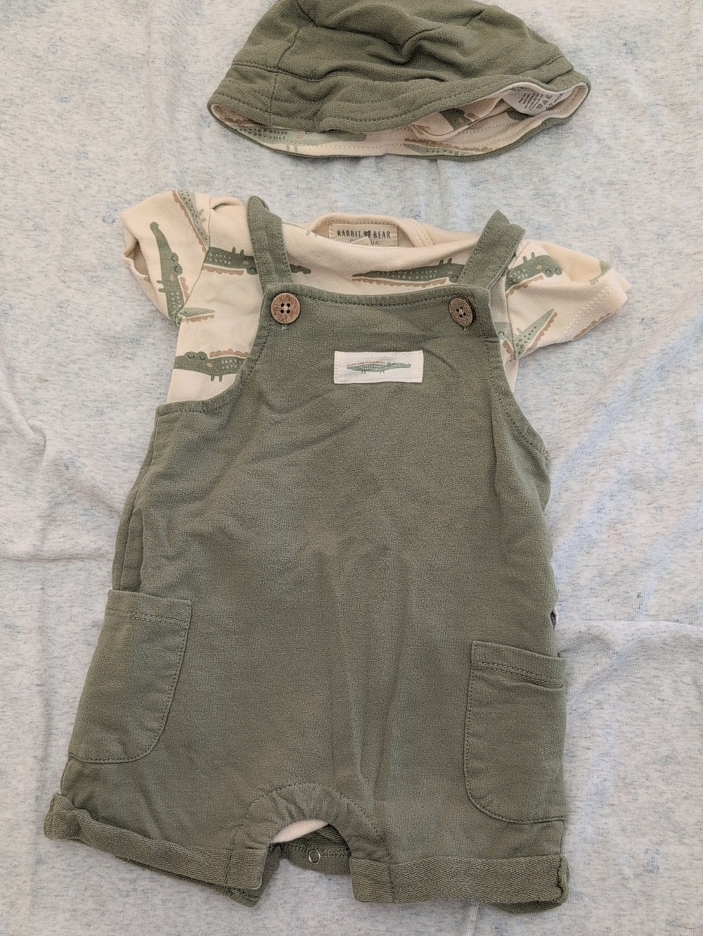 Rabbit bear organic Olive Green Overalls Set with Alligator Tee and Hat